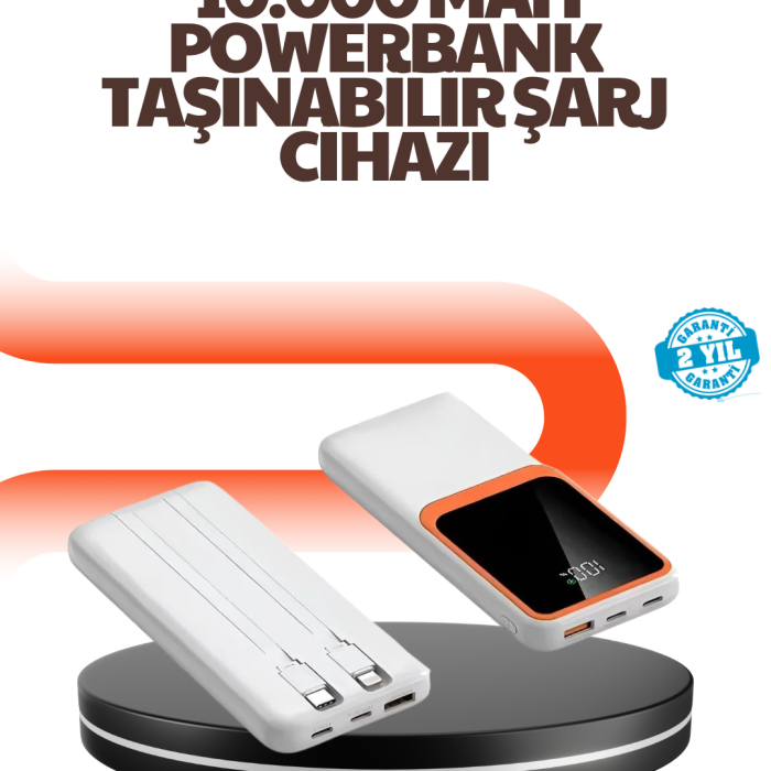 KESGİN MARKET® Taşınabilir 10000 mAh Powerbank – Dijital Göstergeli, Type-C ve USB Çıkışlı
