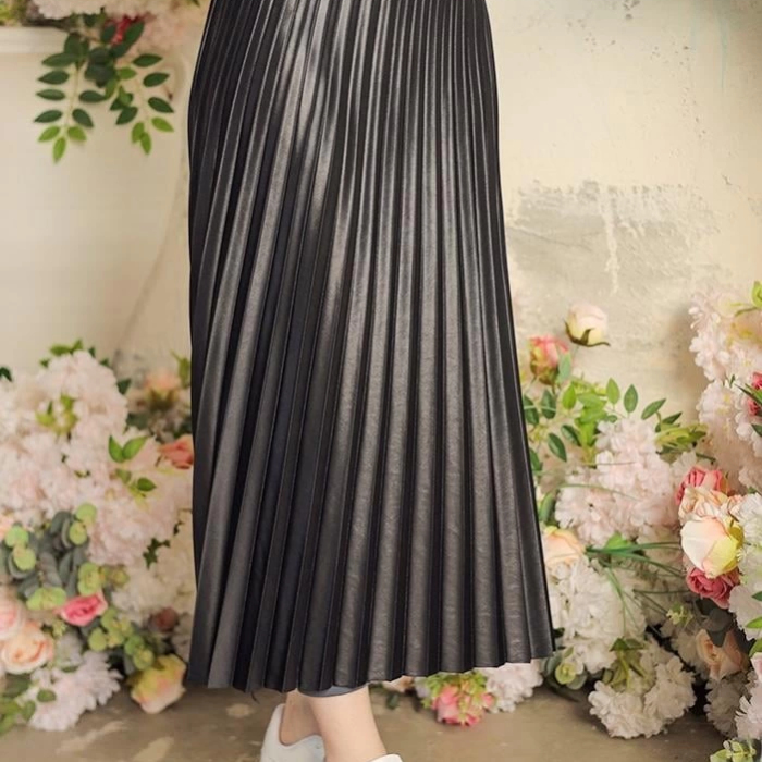 KESGİN MARKET® Zarif Ve Modern Pileli Parlak Krep Gizli Lastikli Siyah Etek