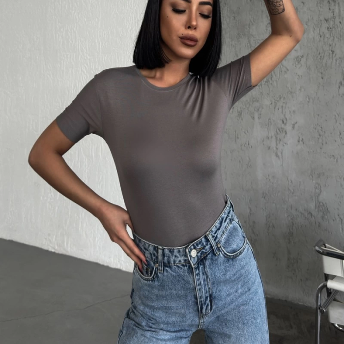 KESGİN MARKET® Rahat Ve Şık Kısa Kollu Bisiklet Yaka Likralı Viskon Penye Body Füme