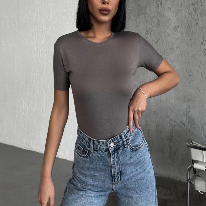 KESGİN MARKET® Rahat Ve Şık Kısa Kollu Bisiklet Yaka Likralı Viskon Penye Body Füme