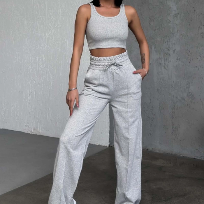 KESGİN MARKET® Şık Ve Rahat Yüksek Bel Bol Paça Gri Eşofman Altı