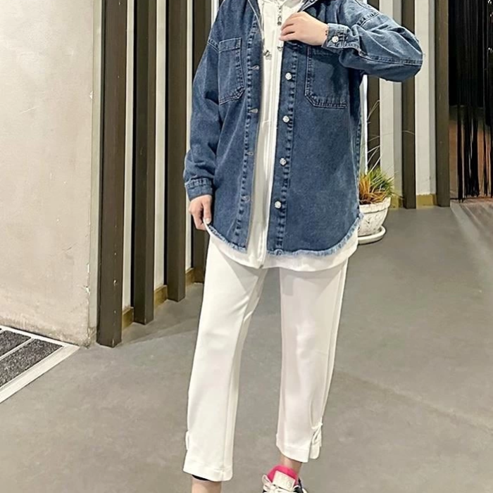 KESGİN MARKET® Koyu Mavi Kar Yıkama Püskül Detay Kot Ceket Oversize