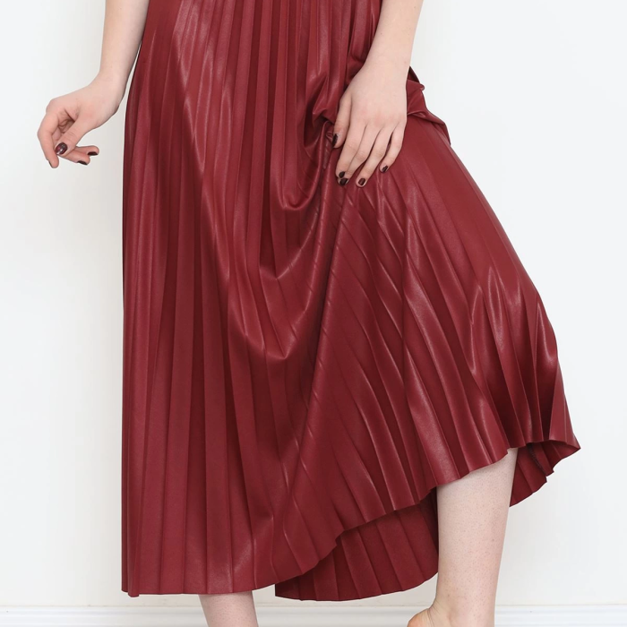 KESGİN MARKET® Zarif Ve Modern Pileli Parlak Krep Gizli Lastikli Bordo Etek