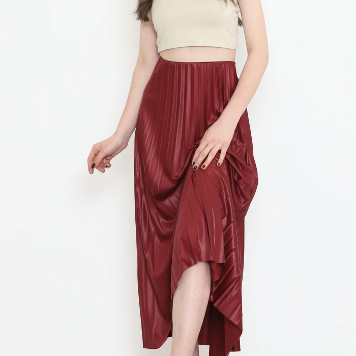 KESGİN MARKET® Zarif Ve Modern Pileli Parlak Krep Gizli Lastikli Bordo Etek