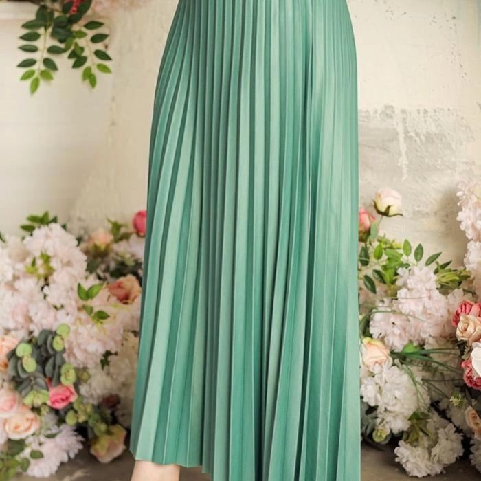 KESGİN MARKET® Zarif Ve Modern Pileli Parlak Krep Gizli Lastikli Mint Etek