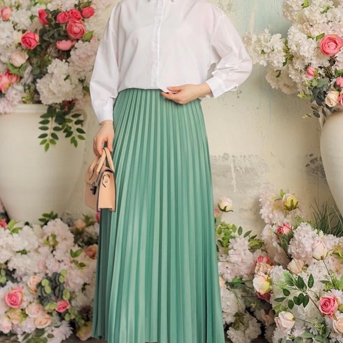 KESGİN MARKET® Zarif Ve Modern Pileli Parlak Krep Gizli Lastikli Mint Etek