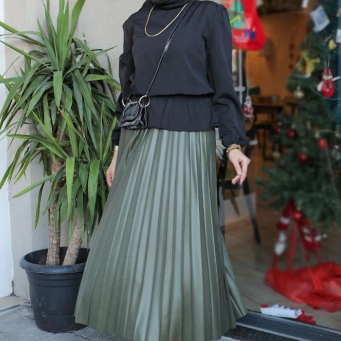 KESGİN MARKET® Zarif Ve Modern Pileli Parlak Krep Gizli Lastikli Haki Etek