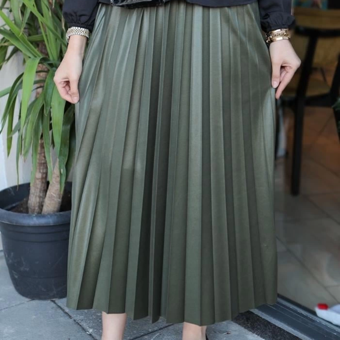 KESGİN MARKET® Zarif Ve Modern Pileli Parlak Krep Gizli Lastikli Haki Etek