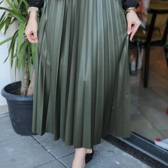 KESGİN MARKET® Zarif Ve Modern Pileli Parlak Krep Gizli Lastikli Haki Etek