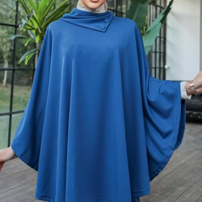 KESGİN MARKET® Düğme Detaylı Şık Tasarımlı Mavi Şal Yaka Panço