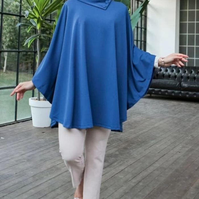 KESGİN MARKET® Düğme Detaylı Şık Tasarımlı Mavi Şal Yaka Panço