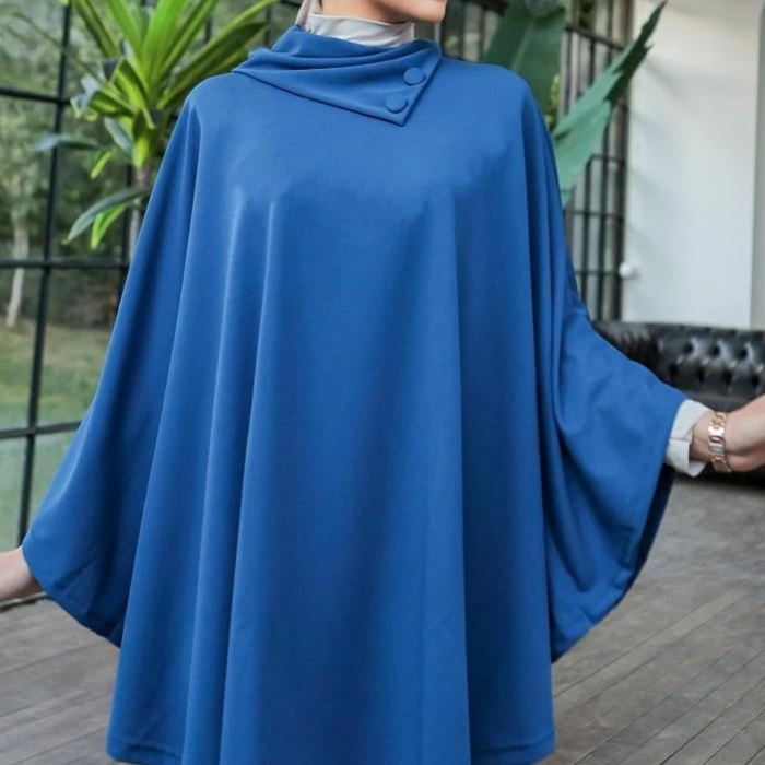 KESGİN MARKET® Düğme Detaylı Şık Tasarımlı Mavi Şal Yaka Panço
