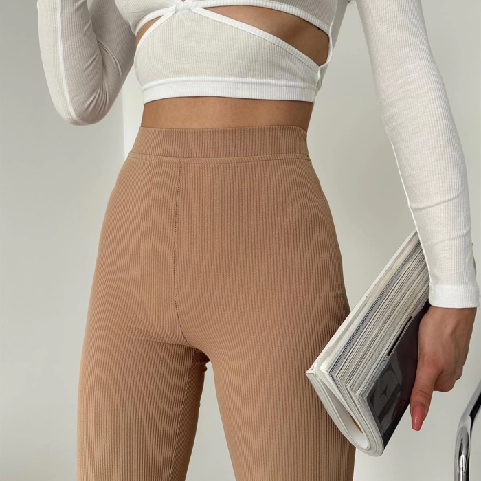 KESGİN MARKET® Şık Ve Rahat Yüksek Bel İspanyol Paça Fitilli Toparlayıcı Bej Tayt