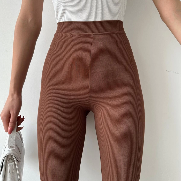 KESGİN MARKET® Şık Ve Rahat Yüksek Bel İspanyol Paça Fitilli Toparlayıcı Kahverengi Tayt