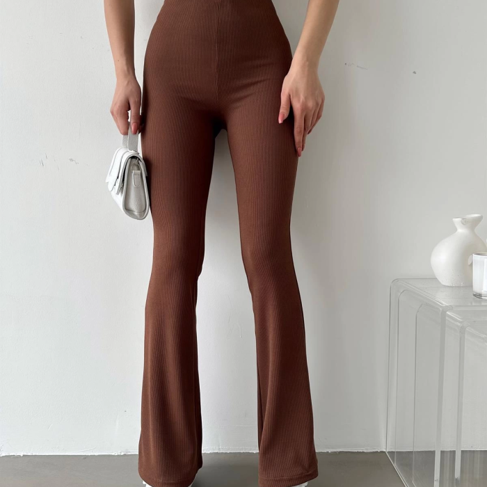 KESGİN MARKET® Şık Ve Rahat Yüksek Bel İspanyol Paça Fitilli Toparlayıcı Kahverengi Tayt