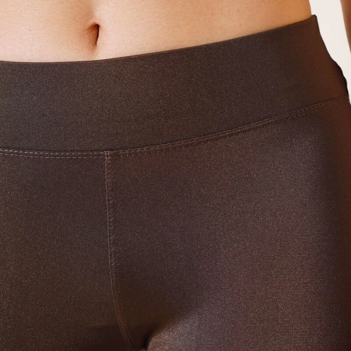 KESGİN MARKET® Esnek Yüksek Bel Kahverengi Uzun Parlak Disco Tayt