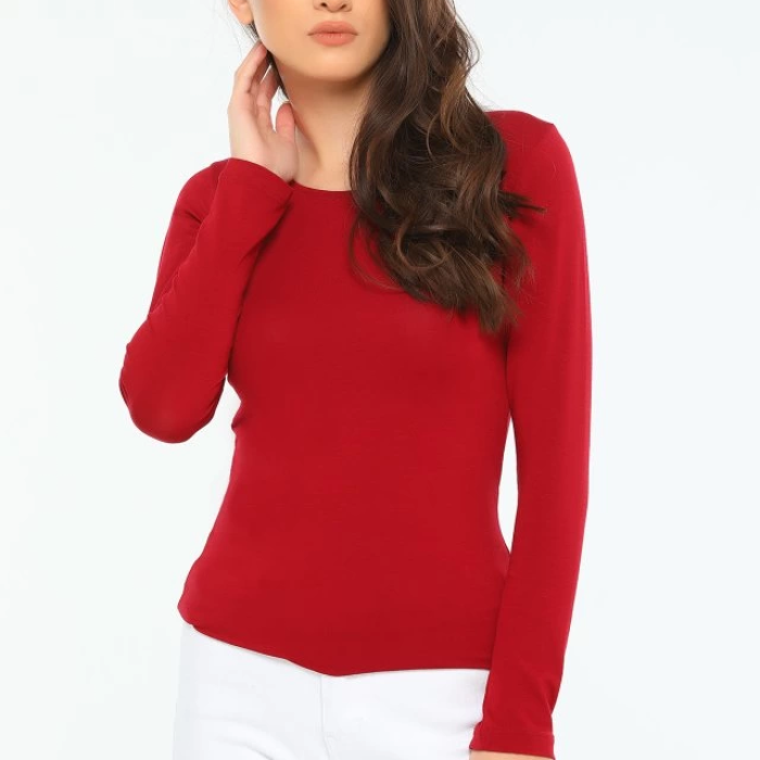 KESGİN MARKET® Rahat Ve Şık Uzun Kollu Bisiklet Yaka Likralı Viskon Penye Body Bordo