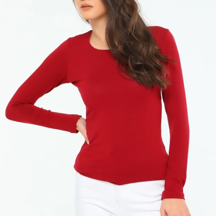 KESGİN MARKET® Rahat Ve Şık Uzun Kollu Bisiklet Yaka Likralı Viskon Penye Body Bordo