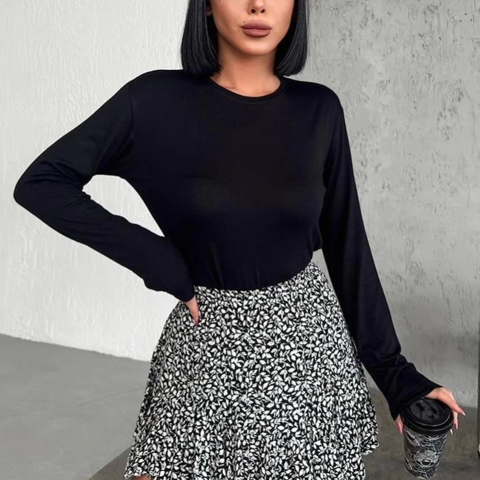 KESGİN MARKET® Rahat Ve Şık Uzun Kollu Bisiklet Yaka Likralı Viskon Penye Body Siyah