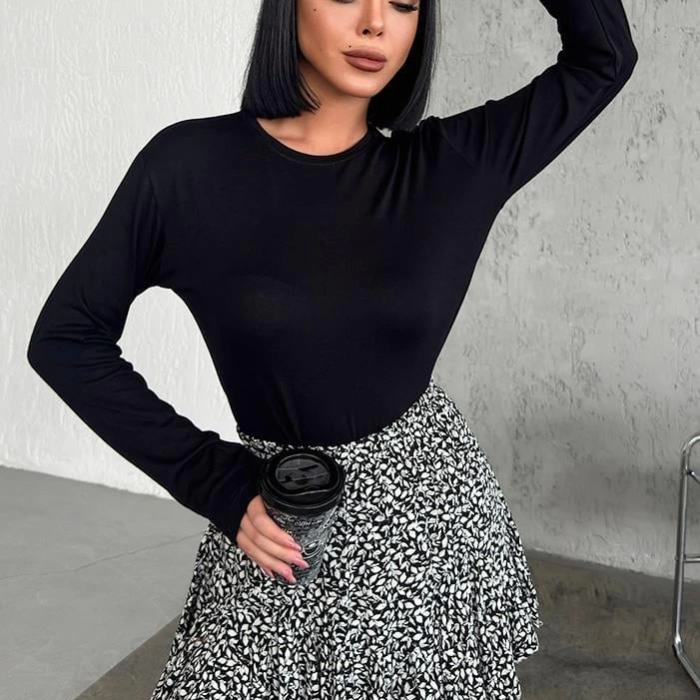 KESGİN MARKET® Rahat Ve Şık Uzun Kollu Bisiklet Yaka Likralı Viskon Penye Body Siyah