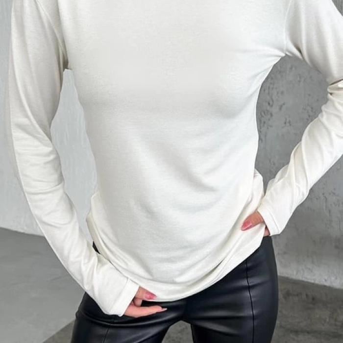 KESGİN MARKET® Rahat Ve Şık Uzun Kollu Bisiklet Yaka Likralı Viskon Penye Body Ekru