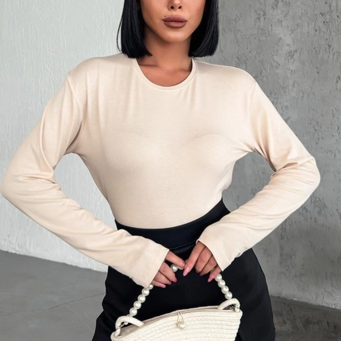 KESGİN MARKET® Rahat Ve Şık Uzun Kollu Bisiklet Yaka Likralı Viskon Penye Body Bej