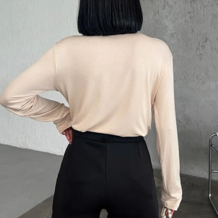 KESGİN MARKET® Rahat Ve Şık Uzun Kollu Bisiklet Yaka Likralı Viskon Penye Body Bej