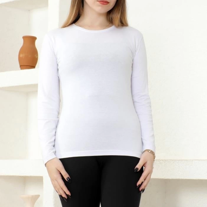 KESGİN MARKET® Rahat Ve Şık Uzun Kollu Bisiklet Yaka Likralı Viskon Penye Body Beyaz