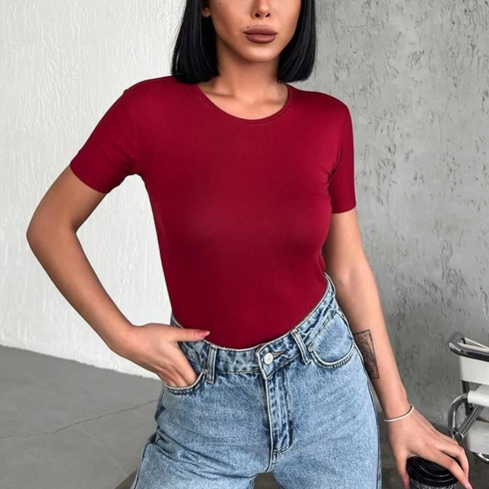 KESGİN MARKET® Rahat Ve Şık Kısa Kollu Bisiklet Yaka Likralı Viskon Penye Body Bordo