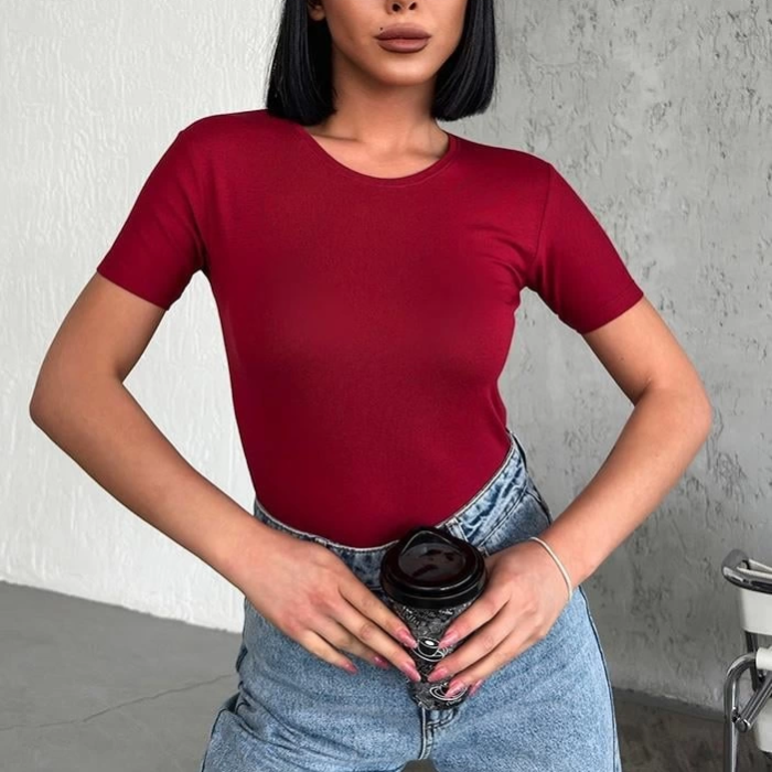 KESGİN MARKET® Rahat Ve Şık Kısa Kollu Bisiklet Yaka Likralı Viskon Penye Body Bordo