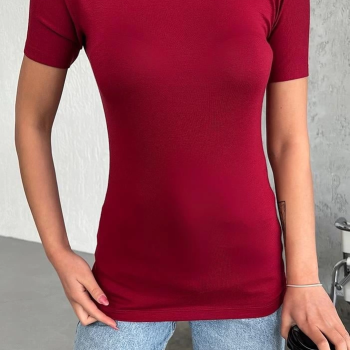KESGİN MARKET® Rahat Ve Şık Kısa Kollu Bisiklet Yaka Likralı Viskon Penye Body Bordo