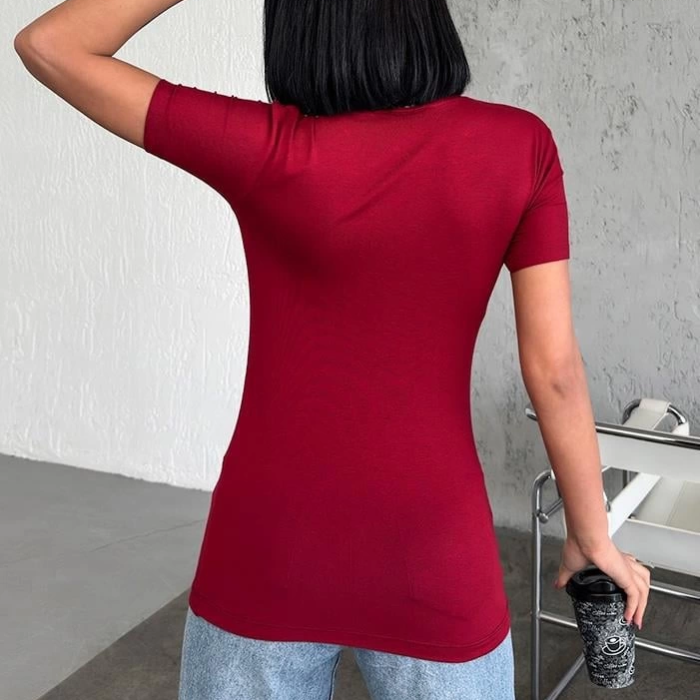 KESGİN MARKET® Rahat Ve Şık Kısa Kollu Bisiklet Yaka Likralı Viskon Penye Body Bordo