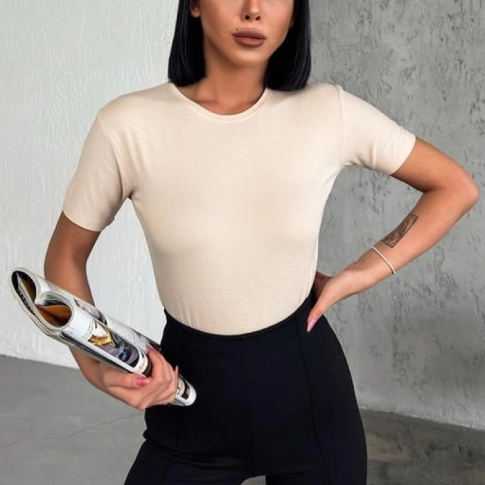 KESGİN MARKET® Rahat Ve Şık Kısa Kollu Bisiklet Yaka Likralı Viskon Penye Body Bej