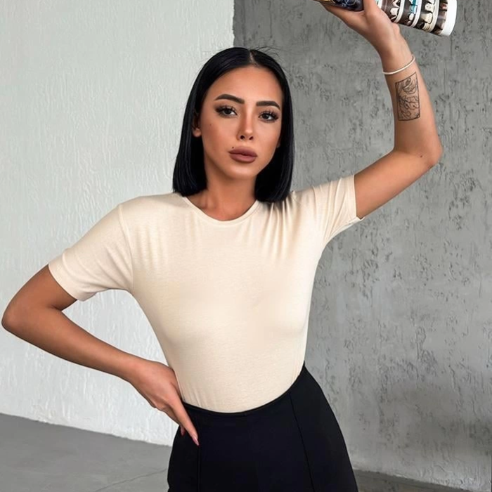 KESGİN MARKET® Rahat Ve Şık Kısa Kollu Bisiklet Yaka Likralı Viskon Penye Body Bej