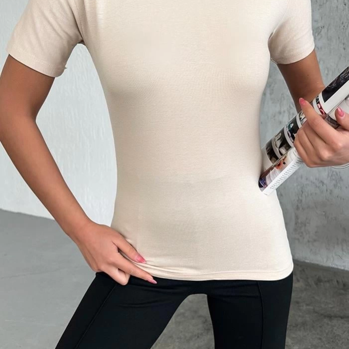 KESGİN MARKET® Rahat Ve Şık Kısa Kollu Bisiklet Yaka Likralı Viskon Penye Body Bej