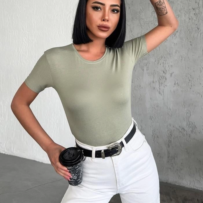 KESGİN MARKET® Rahat Ve Şık Kısa Kollu Bisiklet Yaka Likralı Viskon Penye Body Haki