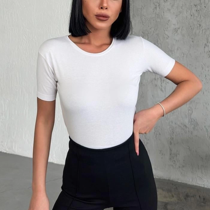 KESGİN MARKET® Rahat Ve Şık Kısa Kollu Bisiklet Yaka Likralı Viskon Penye Body Beyaz