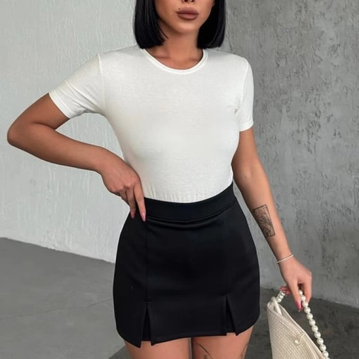 KESGİN MARKET® Rahat Ve Şık Kısa Kollu Bisiklet Yaka Likralı Viskon Penye Body Ekru