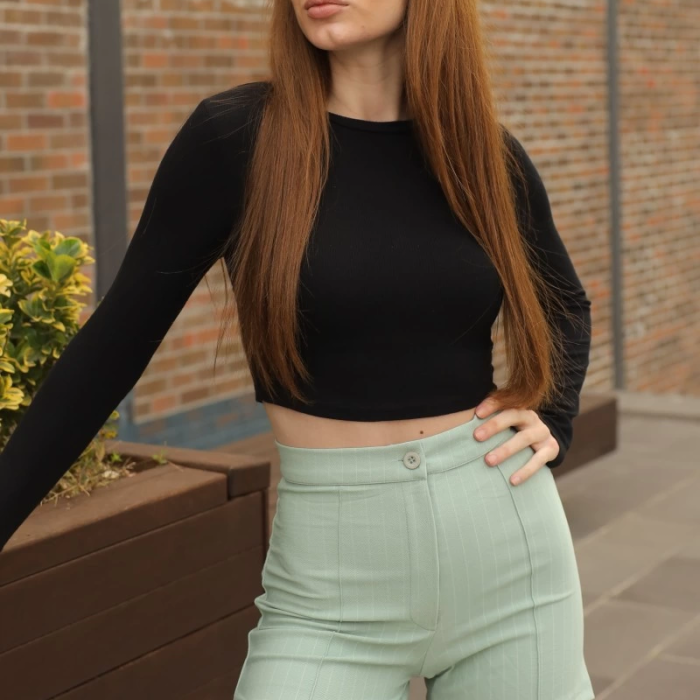 KESGİN MARKET® Zarif Ve Şıklığı Bir Arada Sunan Yüksek Bel Krep Esnek Çimalı Çizgili Şort Su Yeşili