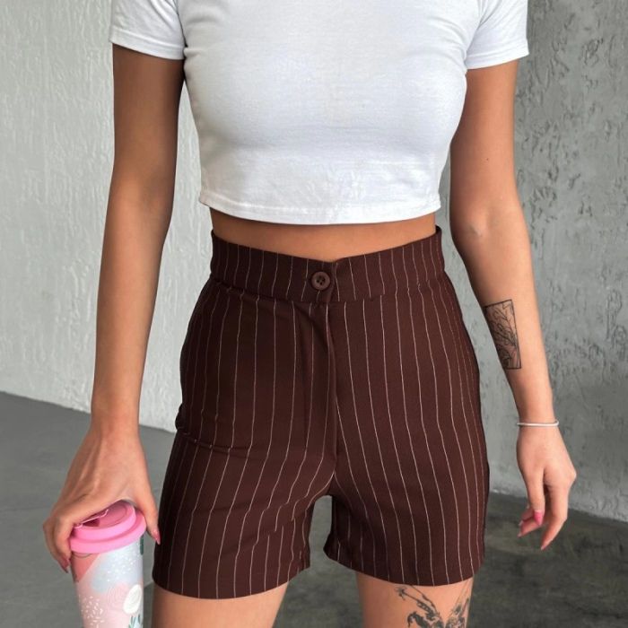 KESGİN MARKET® Zarif Ve Şıklığı Bir Arada Sunan Yüksek Bel Krep Esnek Çimalı Çizgili Şort Kahverengi
