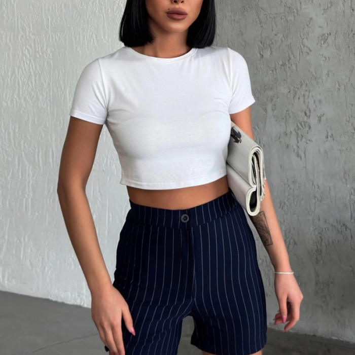 KESGİN MARKET® Zarif Ve Şıklığı Bir Arada Sunan Yüksek Bel Krep Esnek Çimalı Çizgili Şort Lacivert