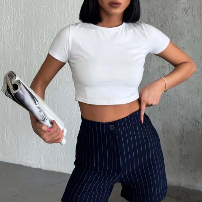 KESGİN MARKET® Zarif Ve Şıklığı Bir Arada Sunan Yüksek Bel Krep Esnek Çimalı Çizgili Şort Lacivert