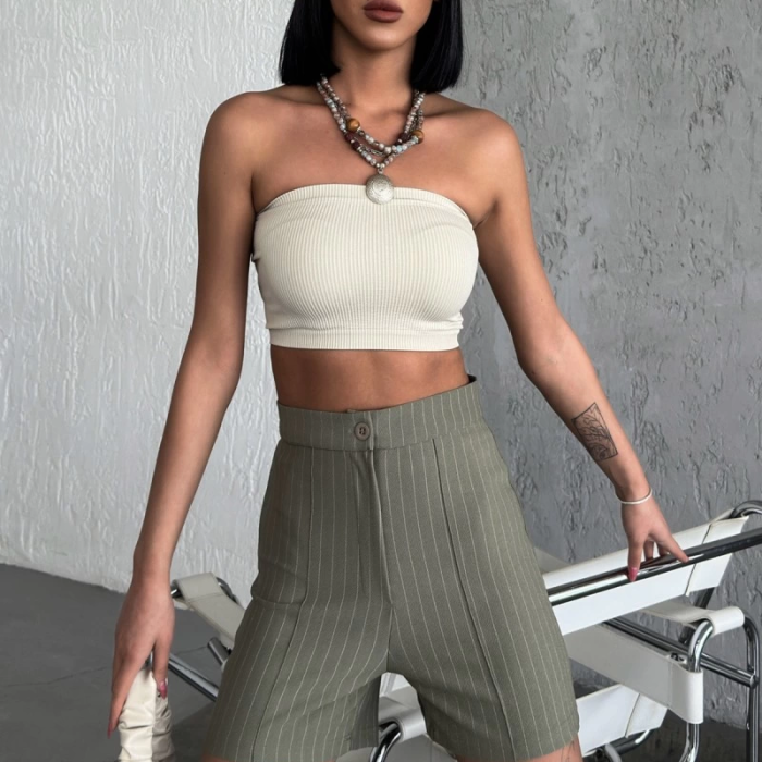 KESGİN MARKET® Zarif Ve Şıklığı Bir Arada Sunan Yüksek Bel Krep Esnek Çimalı Çizgili Şort Haki