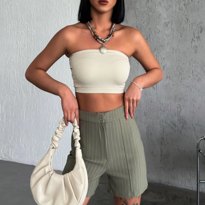 KESGİN MARKET® Zarif Ve Şıklığı Bir Arada Sunan Yüksek Bel Krep Esnek Çimalı Çizgili Şort Haki