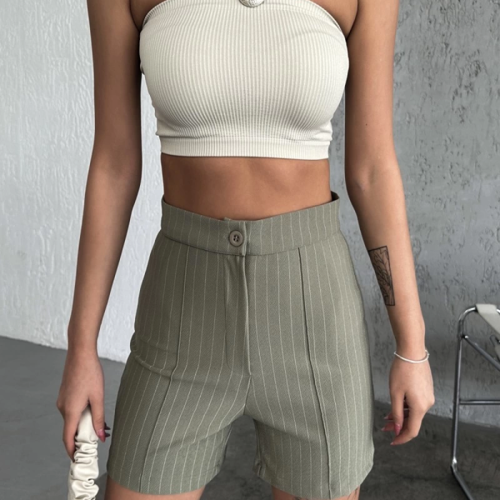 KESGİN MARKET® Zarif Ve Şıklığı Bir Arada Sunan Yüksek Bel Krep Esnek Çimalı Çizgili Şort Haki