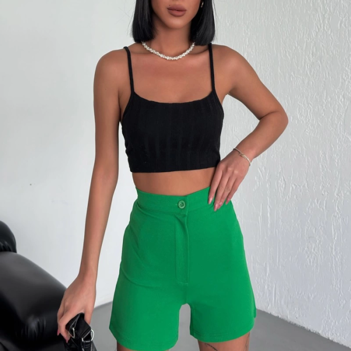 KESGİN MARKET® Tarz Ve Rahatlığı Bir Arada Sunan Yüksek Bel Esnek Likralı Krep Şort Yeşil