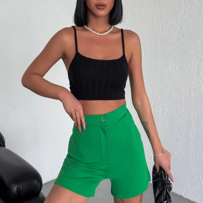 KESGİN MARKET® Tarz Ve Rahatlığı Bir Arada Sunan Yüksek Bel Esnek Likralı Krep Şort Yeşil