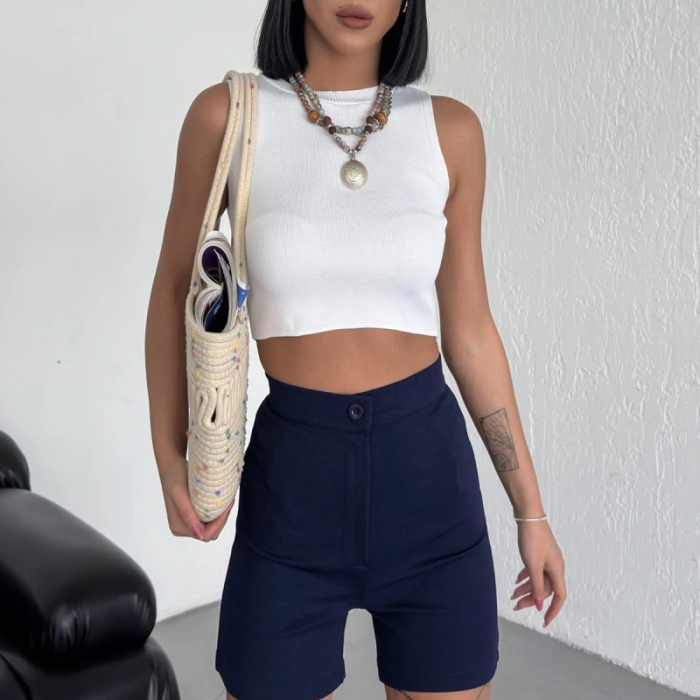 KESGİN MARKET® Tarz Ve Rahatlığı Bir Arada Sunan Yüksek Bel Esnek Likralı Krep Şort Lacivert