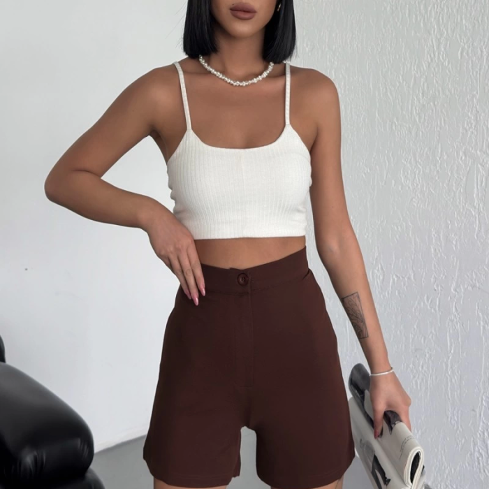 KESGİN MARKET® Tarz Ve Rahatlığı Bir Arada Sunan Yüksek Bel Esnek Likralı Krep Şort Kahverengi