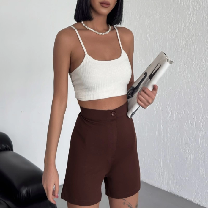 KESGİN MARKET® Tarz Ve Rahatlığı Bir Arada Sunan Yüksek Bel Esnek Likralı Krep Şort Kahverengi